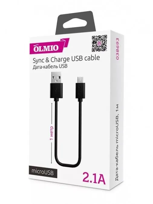 Кабель OLMIO USB 2.0 - microUSB 1м черный