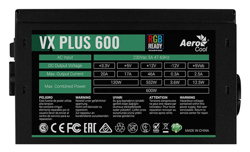 Блок питания Aerocool VX PLUS 600 RGB 600W