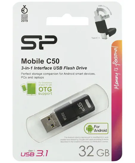 USB флешка 32GB Silicon Power Mobile C50 SP32GBUC3C50V1K USB3.1 + Type-C + microUSB (Android/OTG)