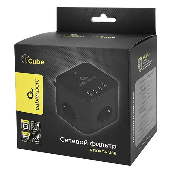 Сетевой фильтр + зарядка Cablexpert CUBE-3-U4-B-1.5 Black