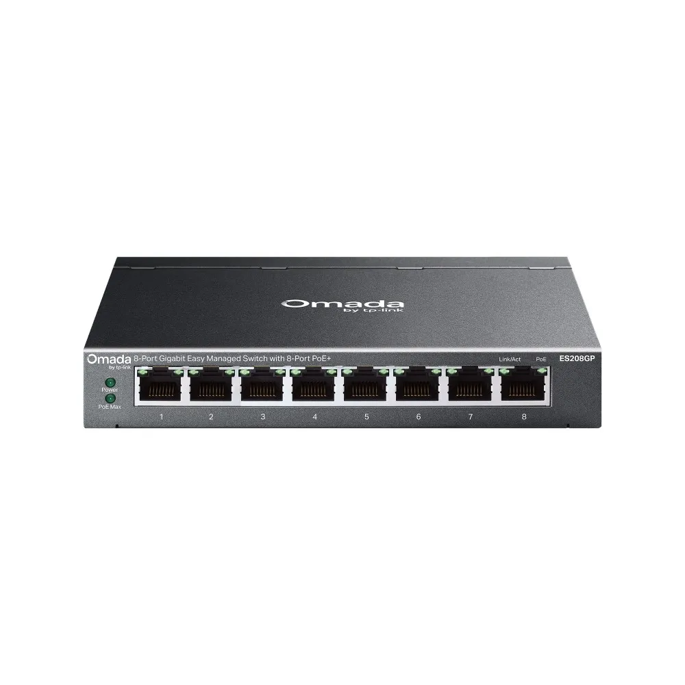 Коммутатор PoE+ GbE Easy Managed  8-портовый TP-Link Omada ES208GP <8-port GbE 802.3af/at PoE+, IGMP Snooping, бюджет мощности PoE 63W, Omada SDN, 32 группы VLAN, PoE до 250 м, QoS, автоматическое восстановление PoE и изоляция портов для надежной сети вид