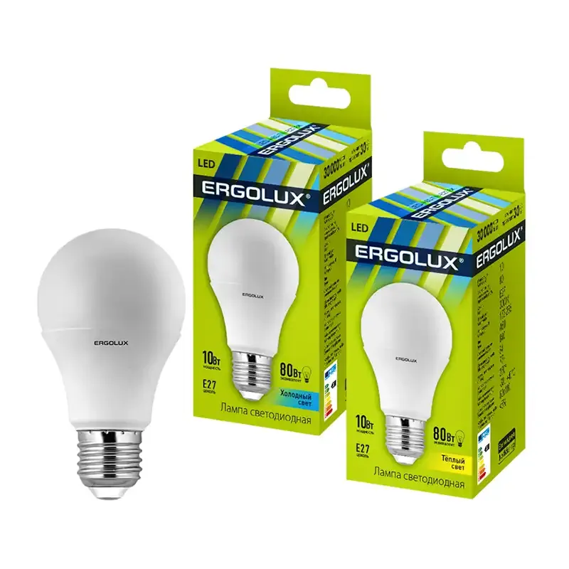 Эл. лампа светодиодная Ergolux LED-A60-10W-E27-4K, Холодный
