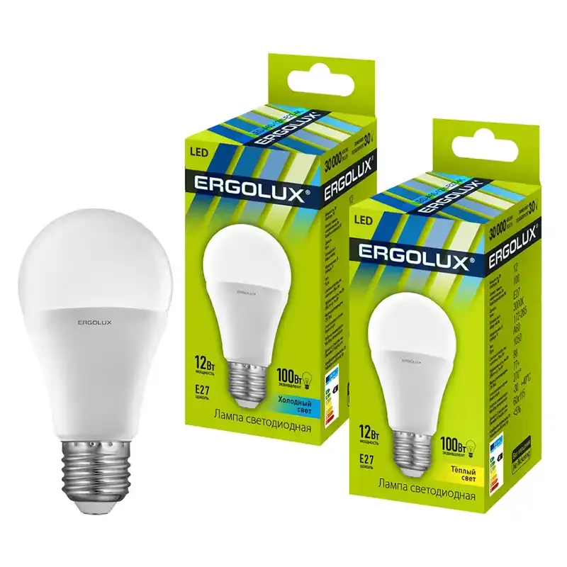 Эл. лампа светодиодная Ergolux LED-A60-12W-E27-3K, Тёплый