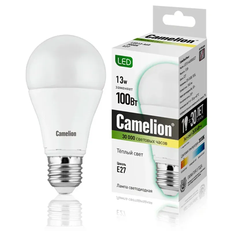 Эл. лампа светодиодная Camelion LED13-A60/830/E27, Тёплый