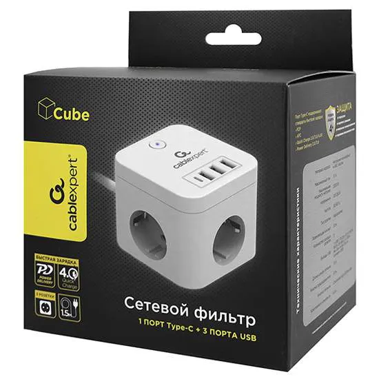 Сетевой фильтр + зарядка Cablexpert CUBE-3-CU3-W-1.5 White