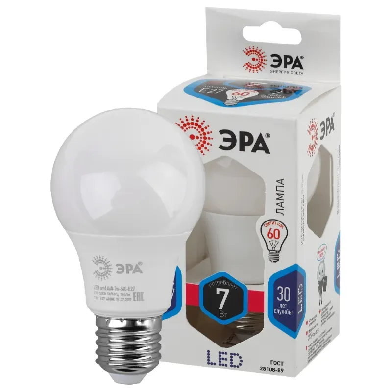 LED Лампа Эра A60-7W-840-E27, нейтральный белый