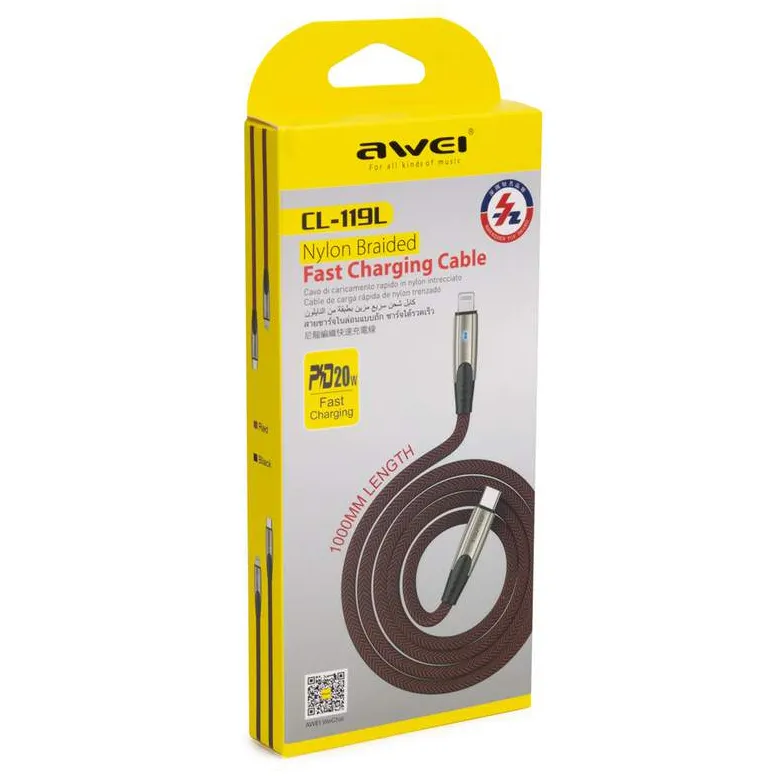 Кабель Awei Type-C to Lightning CL-119L 20W 9V 2.4A 1m Чёрный