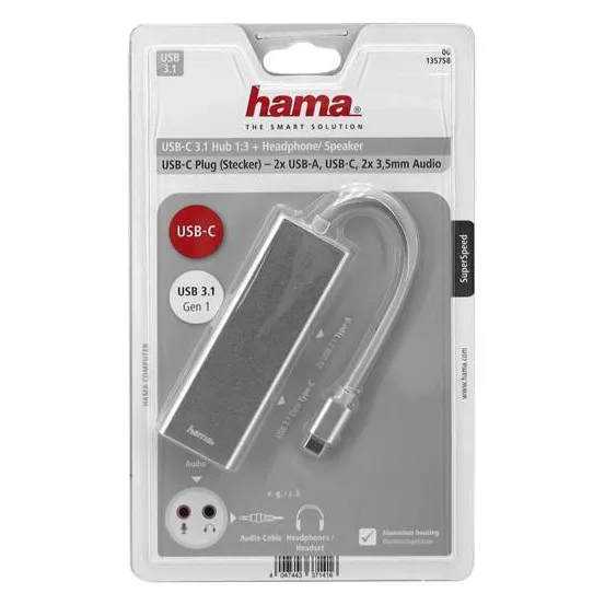 USB Hub 3 port Hama Aluminium 00135758 grey