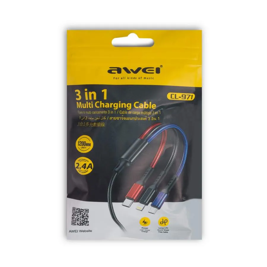 Кабель Awei 3 in 1 cable CL-971 2.4A 1.2m 3х цветный