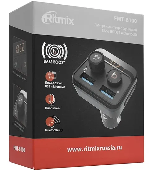 Автомобильный BT/FM модулятор + зарядник Ritmix FMT-B100