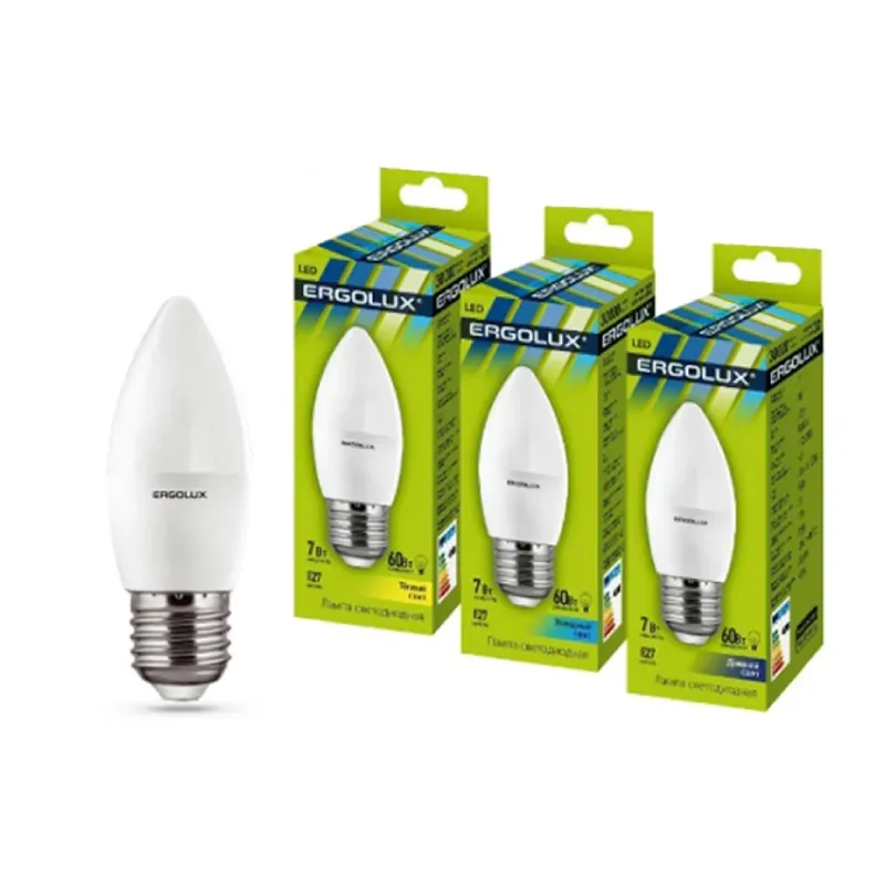 Эл. лампа светодиодная Ergolux LED-C35-7W-E27-6K, Дневной
