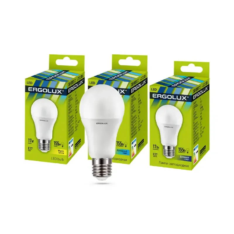 Эл. лампа светодиодная Ergolux LED-A60-17W-E27-3K, Тёплый