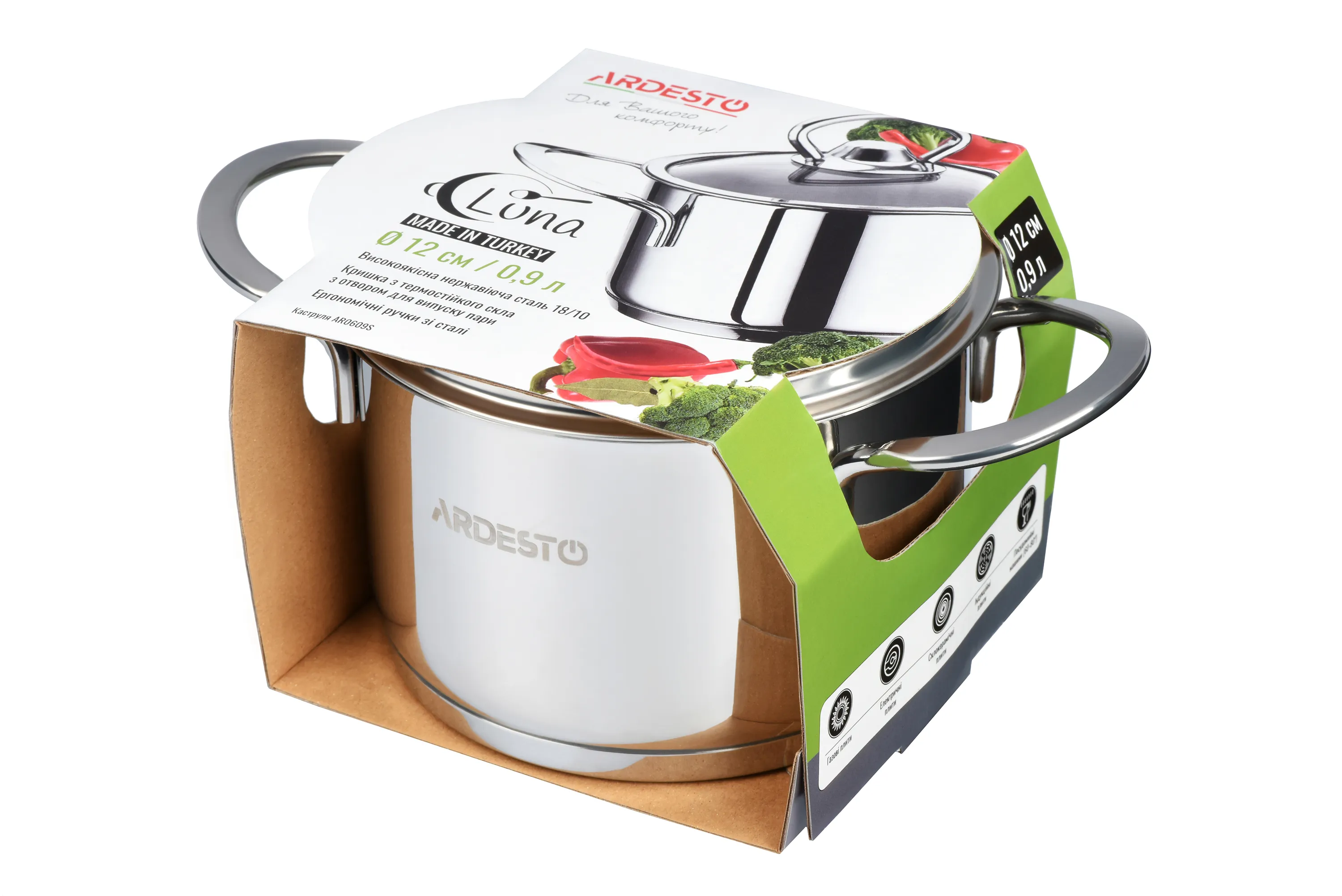 Кастрюля Ardesto Luna, стеклянная крышка, 0.9 л, нержавеющая сталь AR0609S