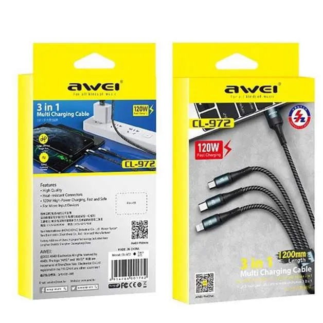 Кабель Awei CL-972 3 in 1 120W 2.0A 1.2m Чёрный