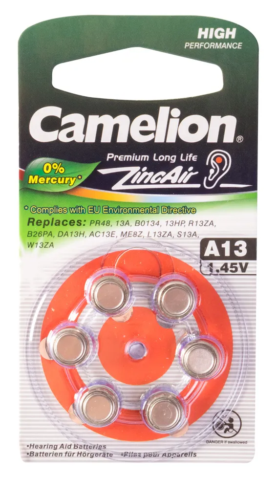 Батарейка CAMELION A13-BP6(0%Hg)