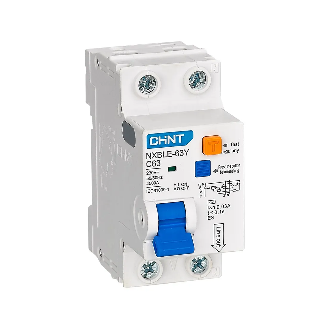 Дифференциальный автомат CHINT NXBLE-63Y 1P+N 63А C 30mA AC 45kA