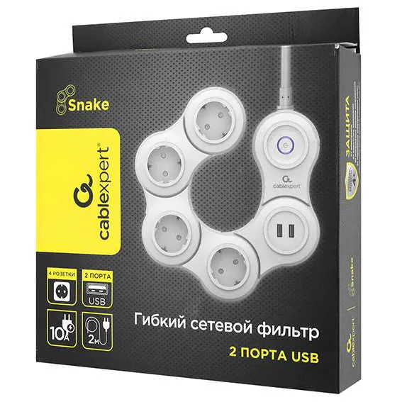 Сетевой фильтр + зарядка Cablexpert Snake SNK-4-U2-W-2 White