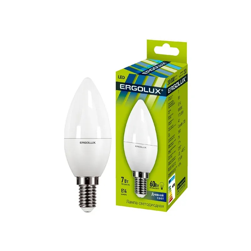 Эл. лампа светодиодная Ergolux LED-C35-7W-E14-6K, Дневной