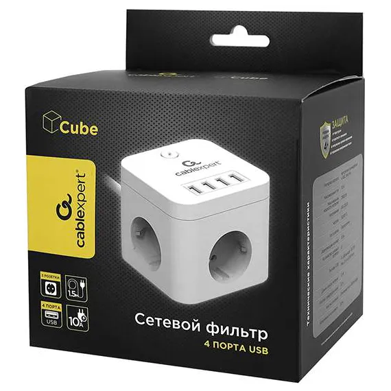 Сетевой фильтр + зарядка Cablexpert CUBE-3-U4-W-1.5 White