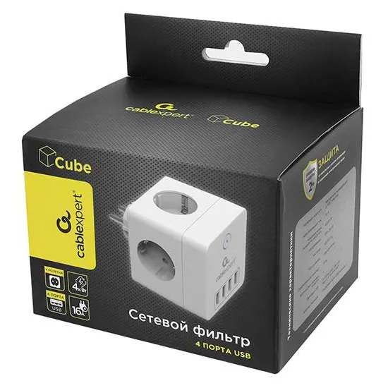 Сетевой фильтр + зарядка Cablexpert CUBE-4-U4-W White