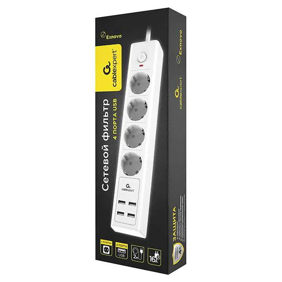 Сетевой фильтр + зарядка Cablexpert Exnovo EXN-4-U4-W-2 white