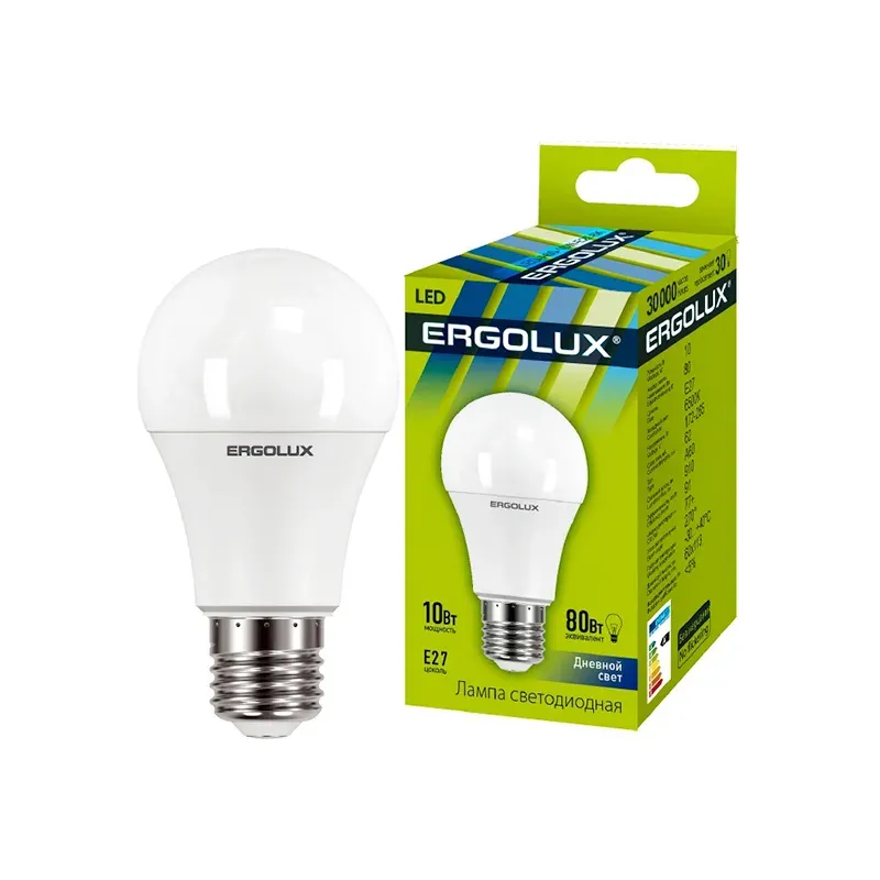 Эл. лампа светодиодная Ergolux LED-A60-10W-E27-6K, Дневной