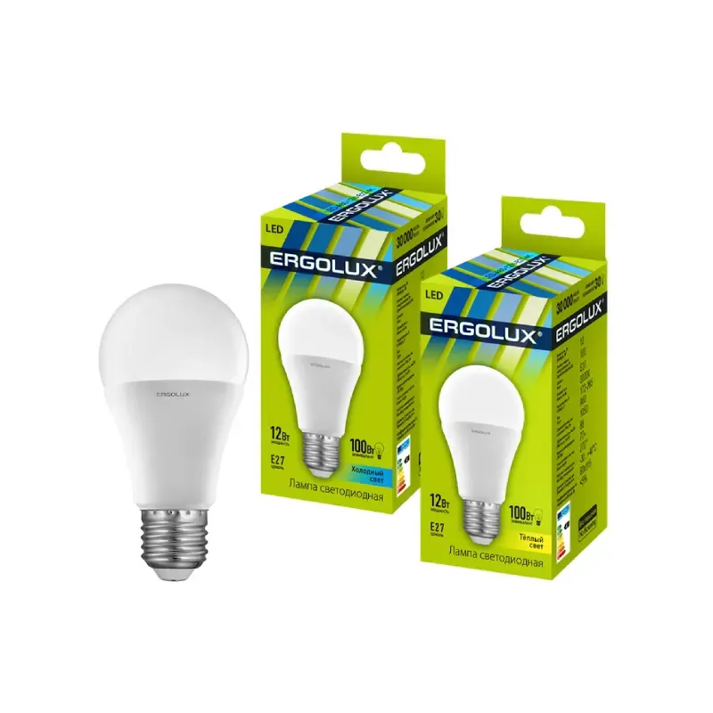 Эл. лампа светодиодная Ergolux LED-A60-12W-E27-4K, Холодный