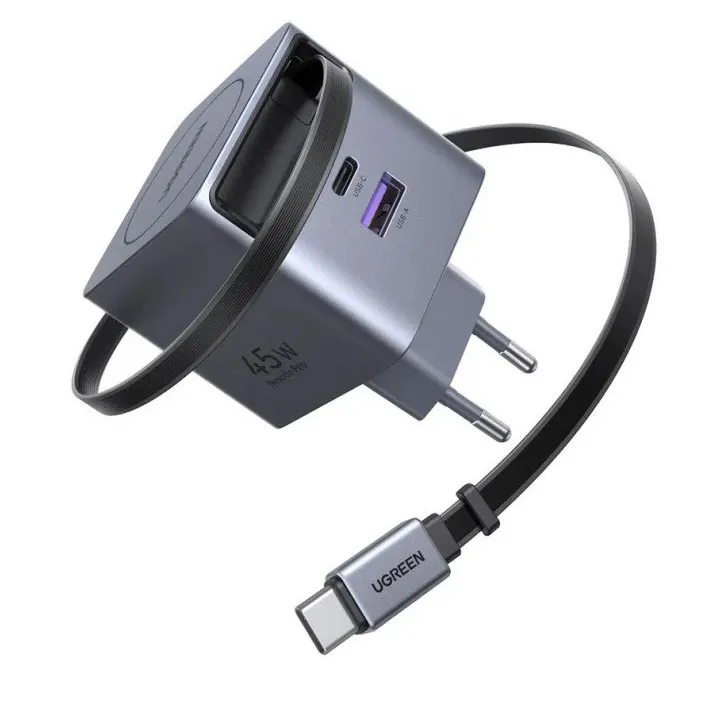 Зарядное устройство UGREEN X614  45W 2C1A GaN Fast Charger with Retractable Cable USB-C, 65822