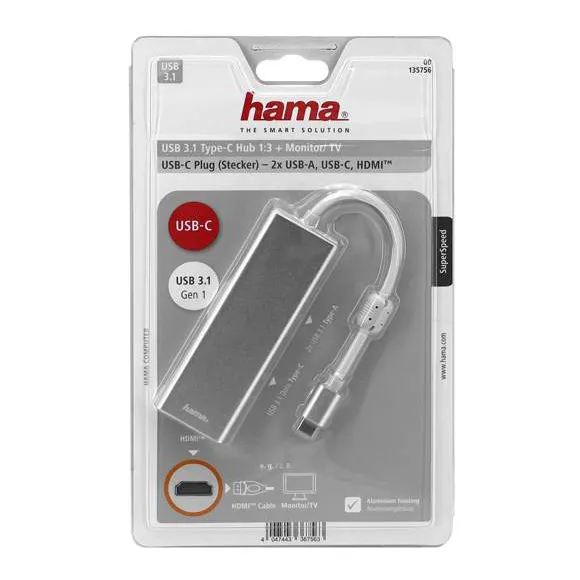 USB Hub 4 port Hama Aluminium 00135756 grey