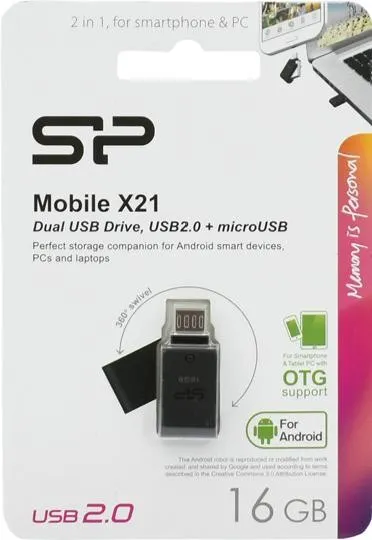 USB флешка 16GB Silicon Power Mobile X21 SP016GBUF2X21V1K USB 2.0 + microUSB (Android/OTG) black