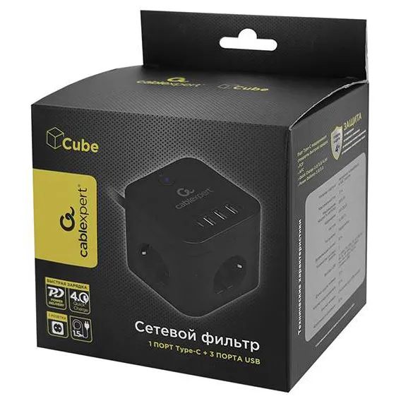 Сетевой фильтр + зарядка Cablexpert CUBE-3-CU3-B-1.5 Black