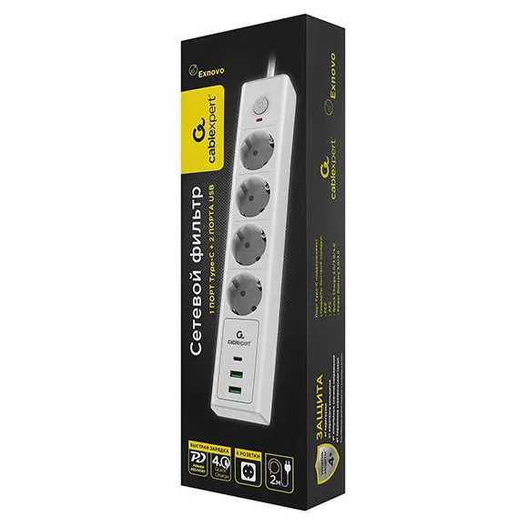 Сетевой фильтр + зарядка Cablexpert Exnovo EXN-4-CU2-W-2,2m white