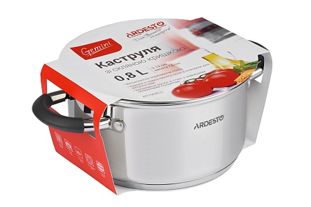 Кастрюля Ardesto Gemini Salerno, стеклянная крышка, 0.8 л,ручки с силиконом,нержавеющая сталь AR1908CS