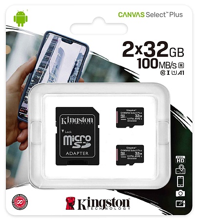 Карта памяти microSDHC 32GB Kingston Canvas Select Plus SDCS2/32GB-2P1A