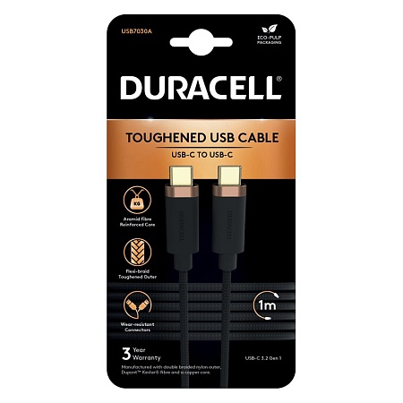 Интерфейсный кабель Duracell USB7030A USB-C to USB-C Черный
