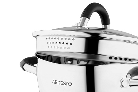 Набор посуды Ardesto Gemini Livorno со сливом, 8 пред., ручки с серым силиконом, нержавеющая сталь AR1908GS