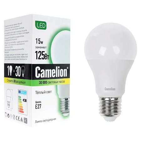 Эл. лампа светодиодная Camelion LED15-A60/830/E27, Тёплый