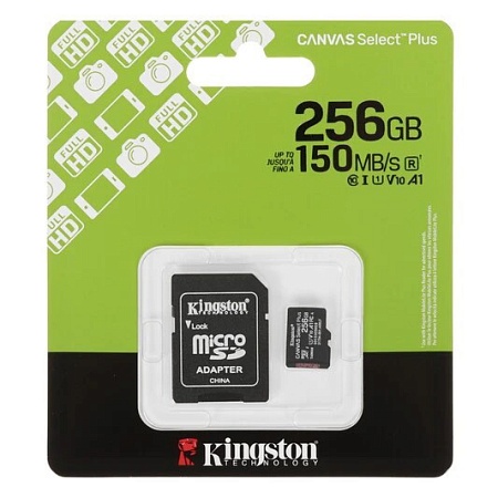 Карта памяти microSDXC 256GB, Kingston SDCS3/256GB, Canvas Select Plus Gen3, A1, 100M/s, +adapter