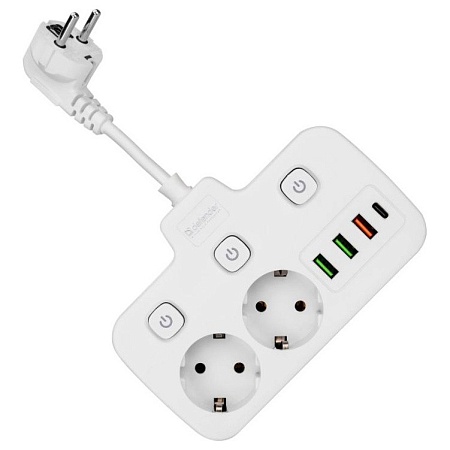 Удлинитель Defender R240 0.2м 2 розетки 3xUSB 1xType-C белый
