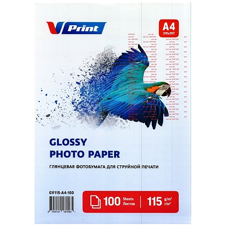 GV115-A4-100 Фотобумага для струйной печати VPRINT Глянцевая односторонняя A4*210x297мм/100л/115г (28)