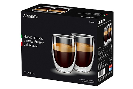 Набор чашек Ardesto с двойными стенками, 400 мл, H 13,5 см, 2 шт, боросиликатное стекло AR2640G
