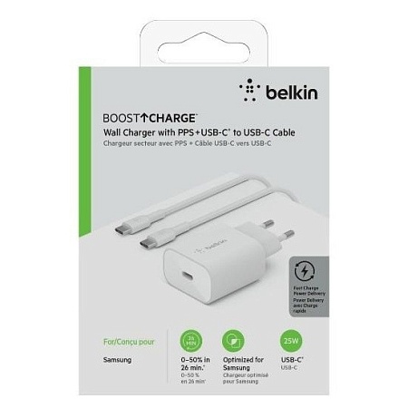 Зарядное устройство сетевое Belkin 25Вт USB-С PD PPS кабель USB-С > USB-С 1м PVC белый