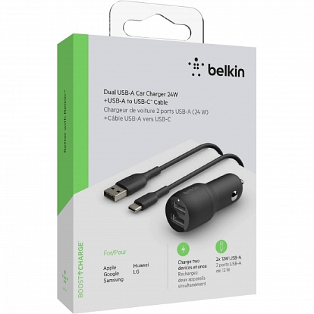 Автомобильное ЗУ Belkin Car Charger 24W Dual USB-A, USB-A - USB-C, 1m, black
