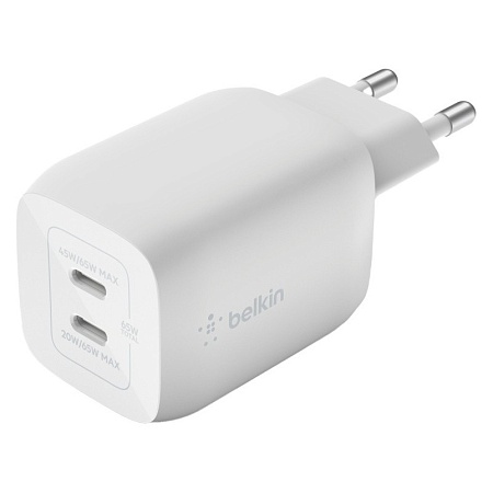 Зарядное устройство сетевое Belkin 65Вт 2хUSB-С GAN PD PPS кабель USB-С > USB-C 2м белый
